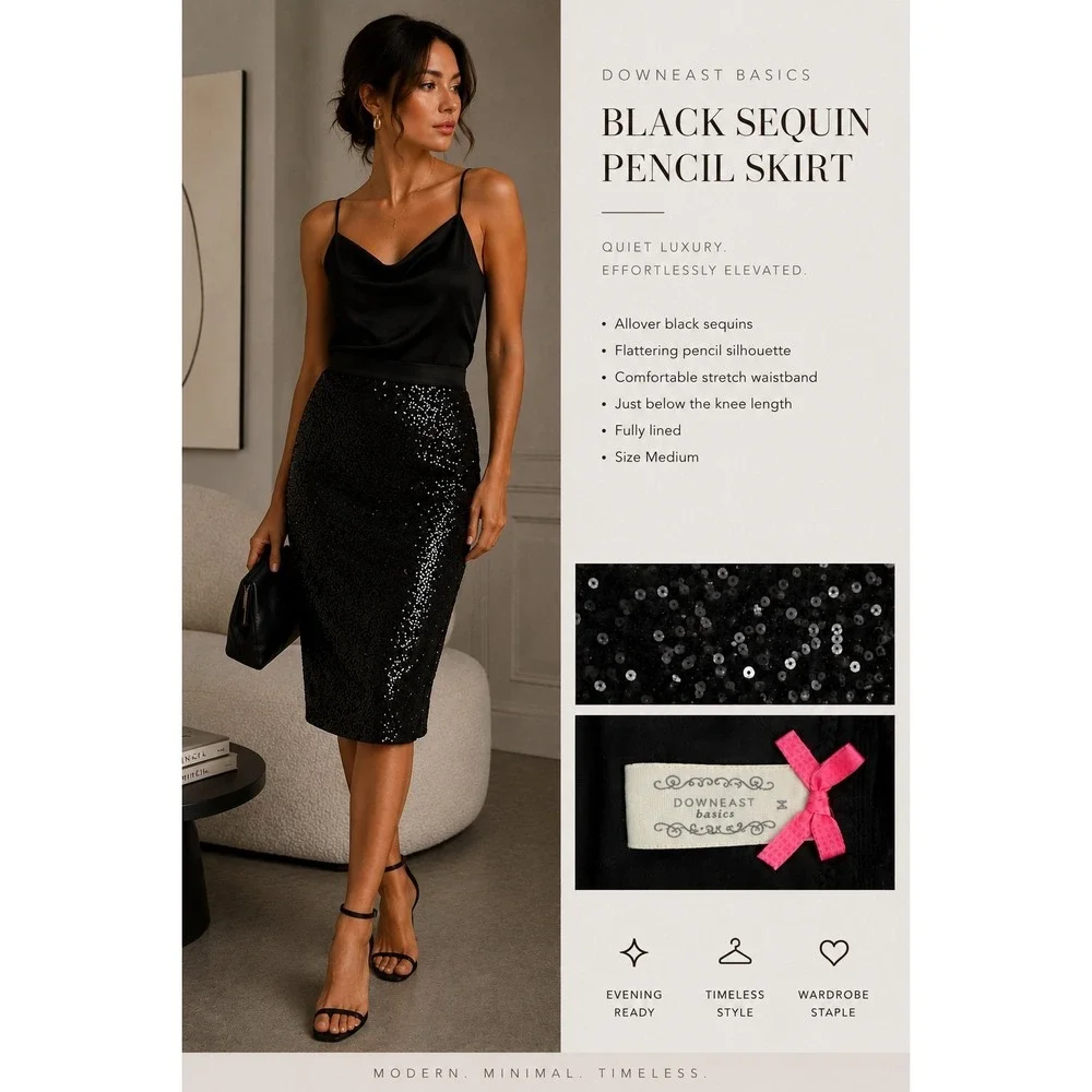 Downeast Black Sequin Pencil Skirt Womens M Chic Glam Party Holiday Midi Skirt - Picture 3 of 10